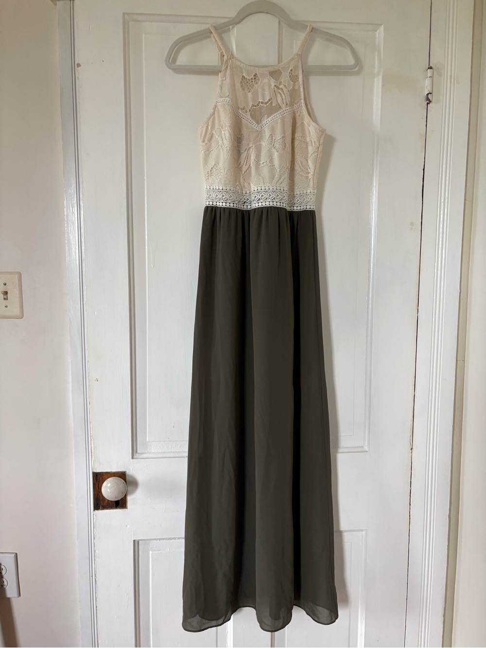 Iz Byer Cream Lace and Olive Maxi Dress